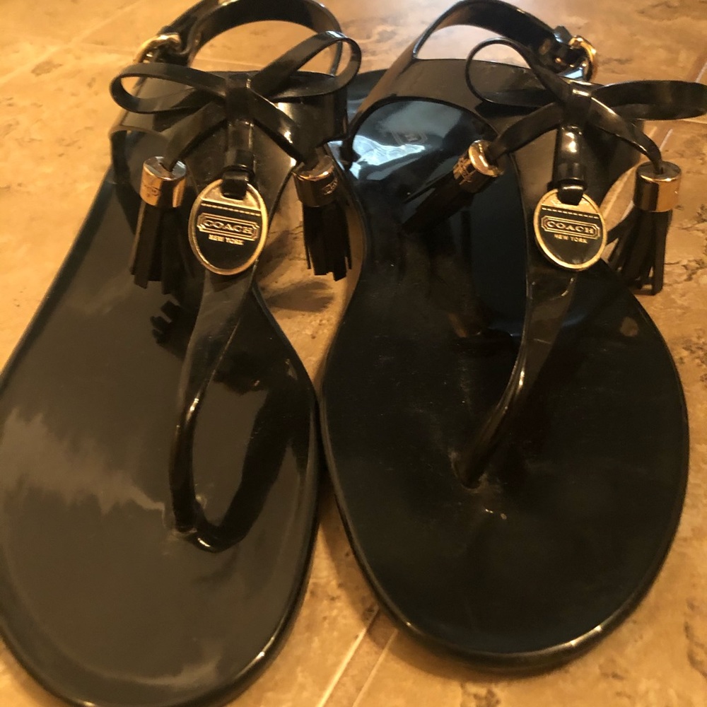 Black shiney T-strap Coach sandles - worn once!